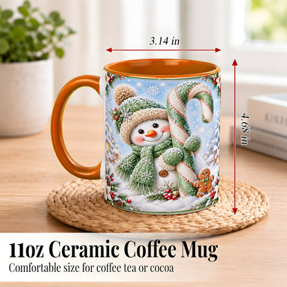 #pl[11oz|Orange] Snowman Candy Cane Coffee Mug, Christmas Snowman Mug, Ceramic Cup