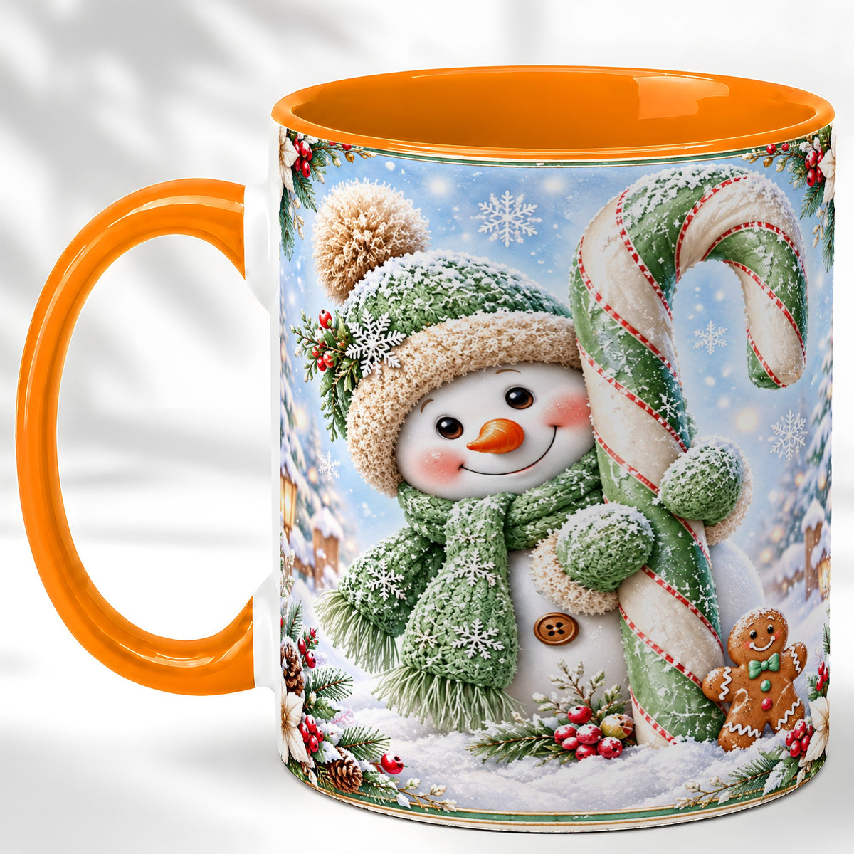 #pl[11oz|Orange] Snowman Candy Cane Coffee Mug, Christmas Snowman Mug, Ceramic Cup