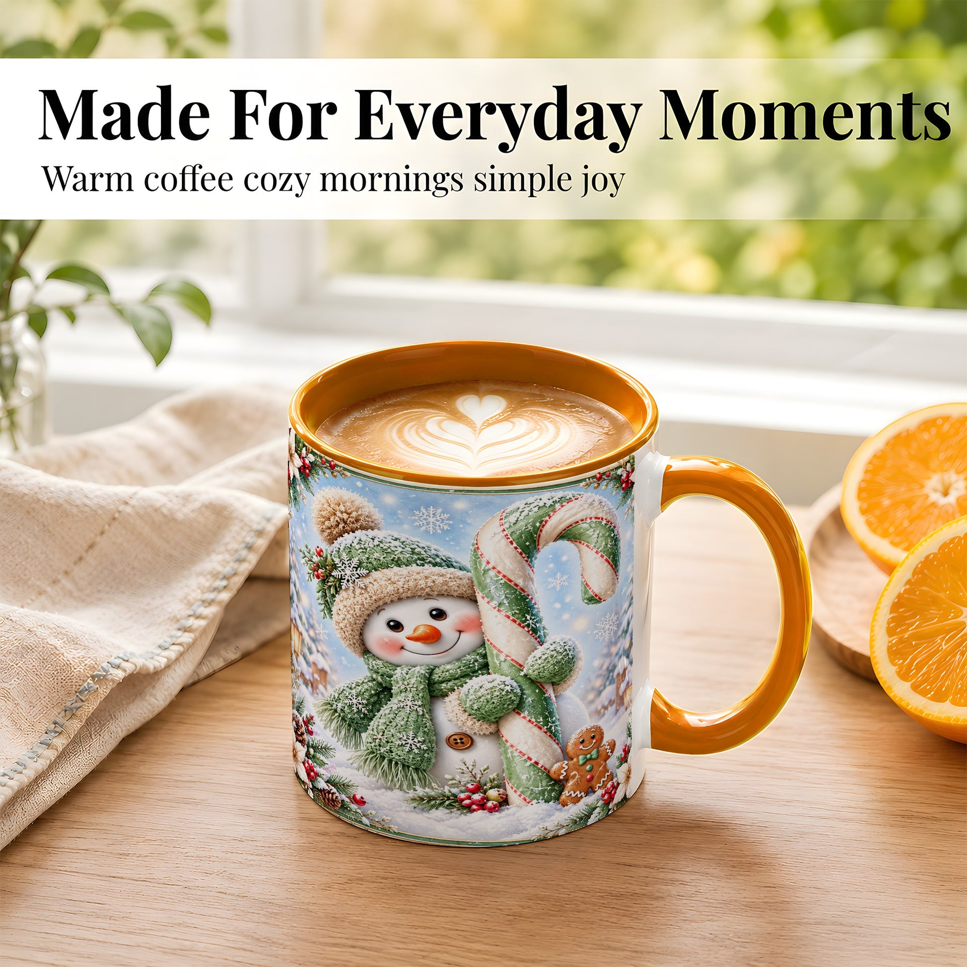 #pl[11oz|Orange] Snowman Candy Cane Coffee Mug, Christmas Snowman Mug, Ceramic Cup