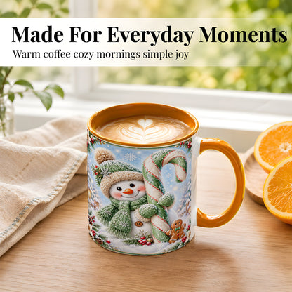 #pl[11oz|Orange] Snowman Candy Cane Coffee Mug, Christmas Snowman Mug, Ceramic Cup