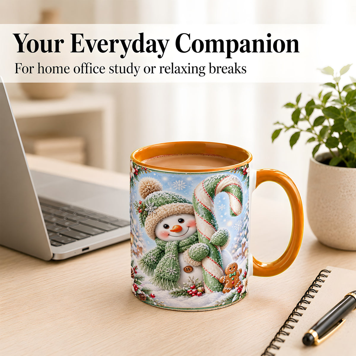 #pl[11oz|Orange] Snowman Candy Cane Coffee Mug, Christmas Snowman Mug, Ceramic Cup