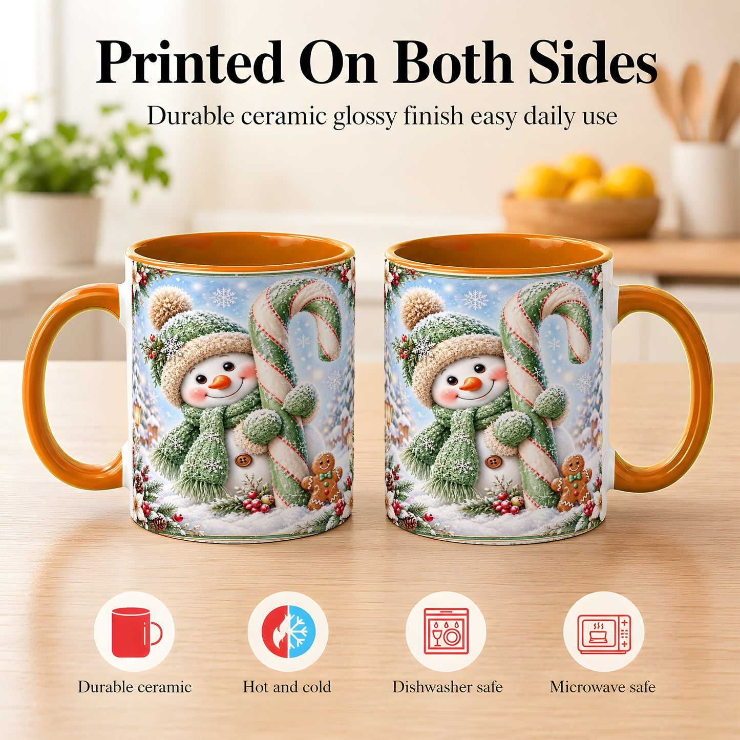 #pl[11oz|Orange] Snowman Candy Cane Coffee Mug, Christmas Snowman Mug, Ceramic Cup