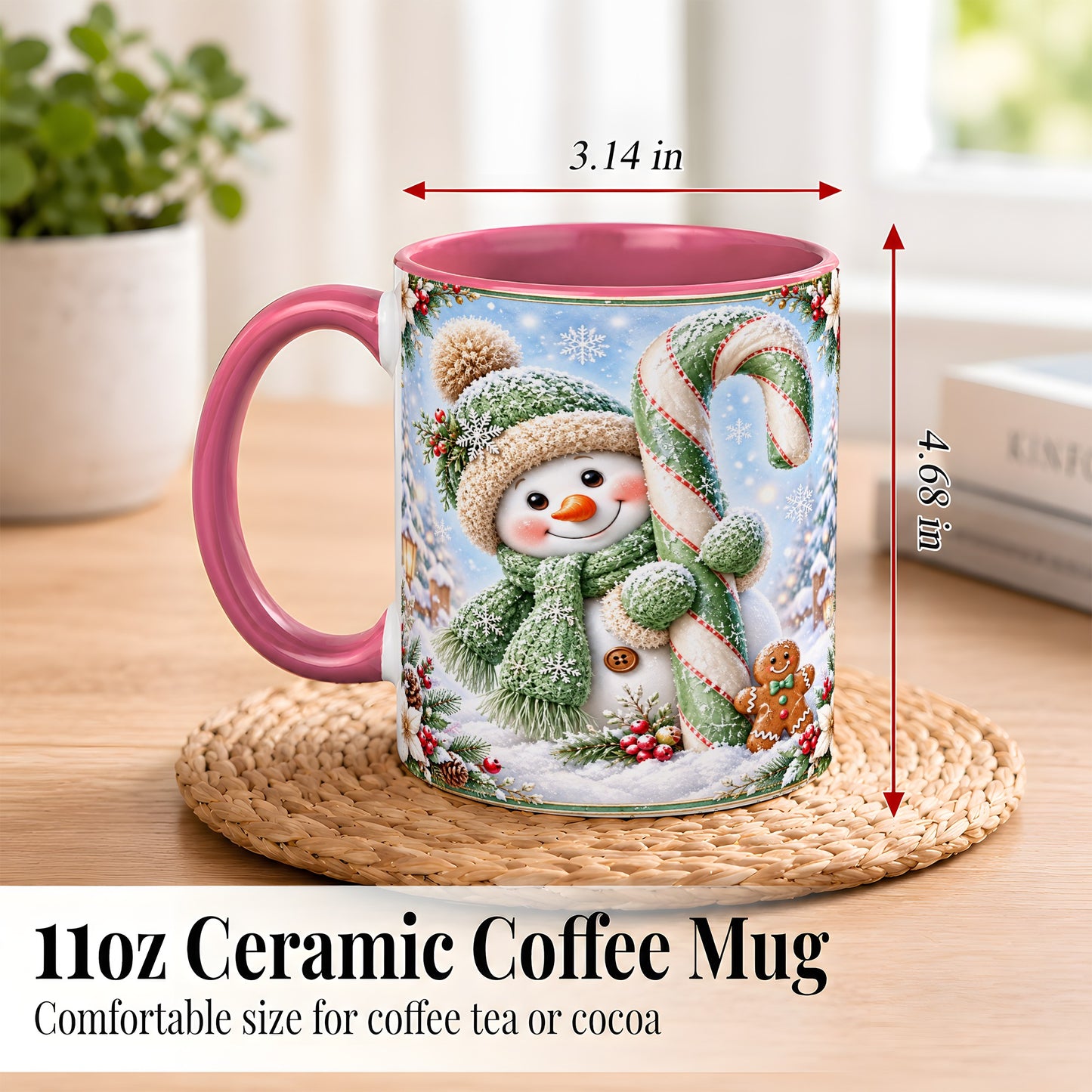 #pl[11oz|Pink] Snowman Candy Cane Coffee Mug, Christmas Snowman Mug, Ceramic Cup