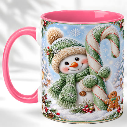 #pl[11oz|Pink] Snowman Candy Cane Coffee Mug, Christmas Snowman Mug, Ceramic Cup