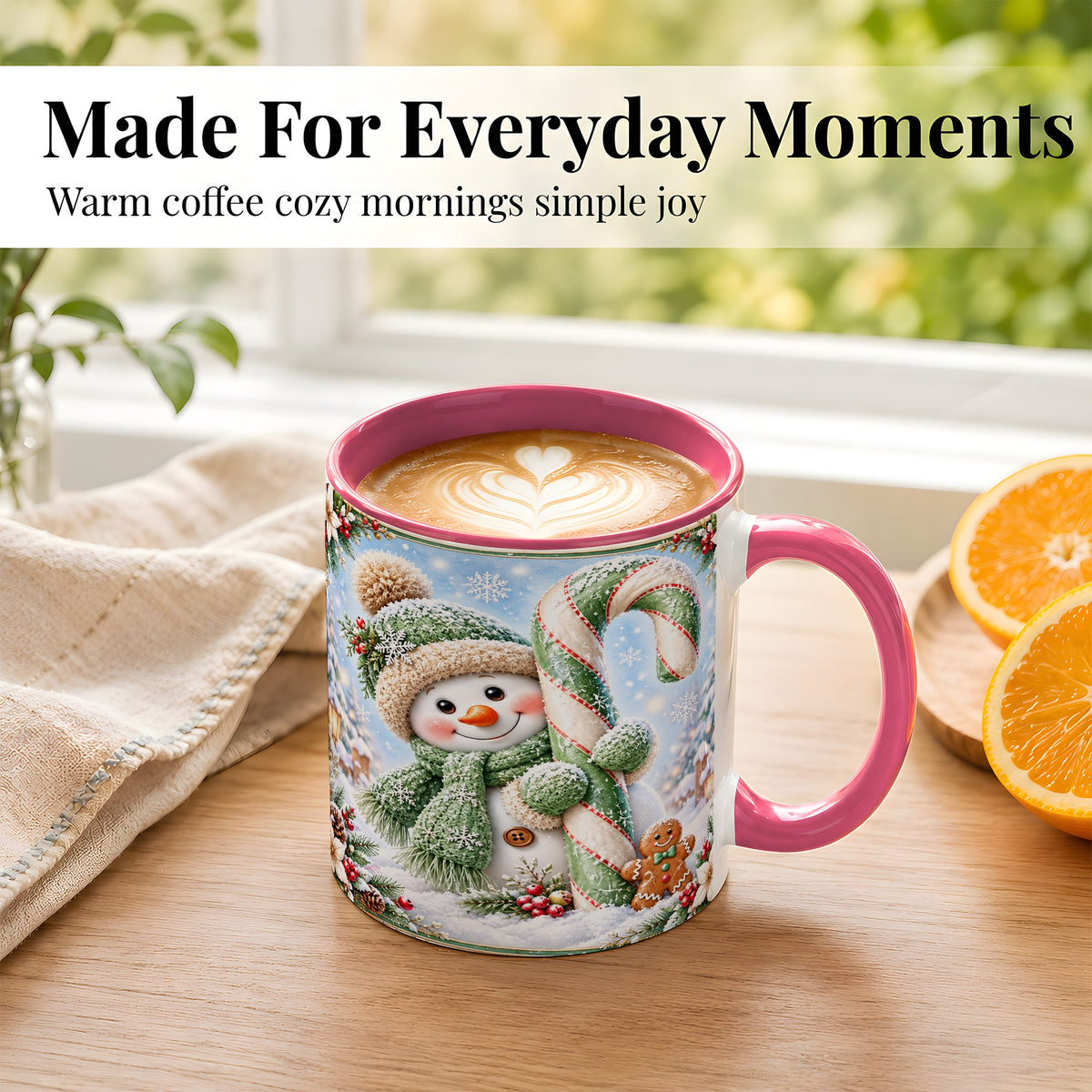 #pl[11oz|Pink] Snowman Candy Cane Coffee Mug, Christmas Snowman Mug, Ceramic Cup