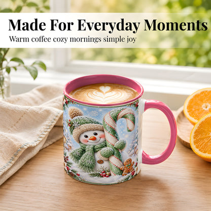 #pl[11oz|Pink] Snowman Candy Cane Coffee Mug, Christmas Snowman Mug, Ceramic Cup