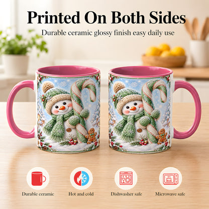 #pl[11oz|Pink] Snowman Candy Cane Coffee Mug, Christmas Snowman Mug, Ceramic Cup