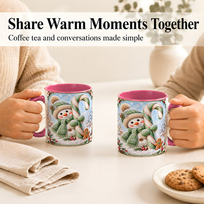 #pl[11oz|Pink] Snowman Candy Cane Coffee Mug, Christmas Snowman Mug, Ceramic Cup