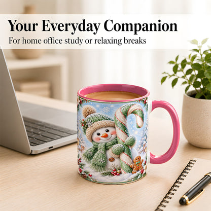 #pl[11oz|Pink] Snowman Candy Cane Coffee Mug, Christmas Snowman Mug, Ceramic Cup