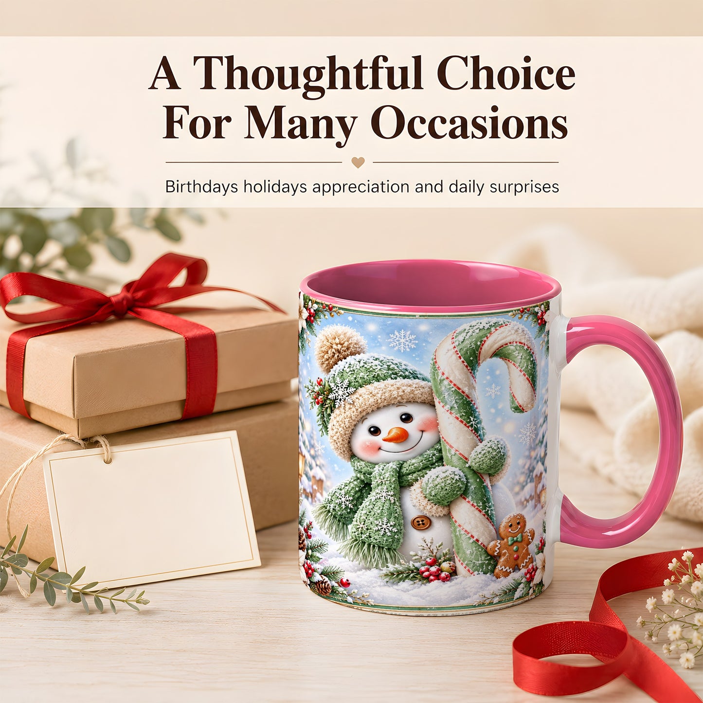 #pl[11oz|Pink] Snowman Candy Cane Coffee Mug, Christmas Snowman Mug, Ceramic Cup