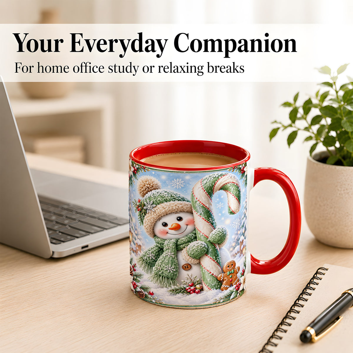 #pl[11oz|Red] Snowman Candy Cane Coffee Mug, Christmas Snowman Mug, Ceramic Cup
