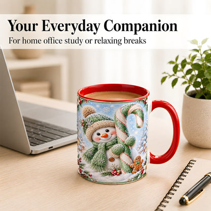 #pl[11oz|Red] Snowman Candy Cane Coffee Mug, Christmas Snowman Mug, Ceramic Cup