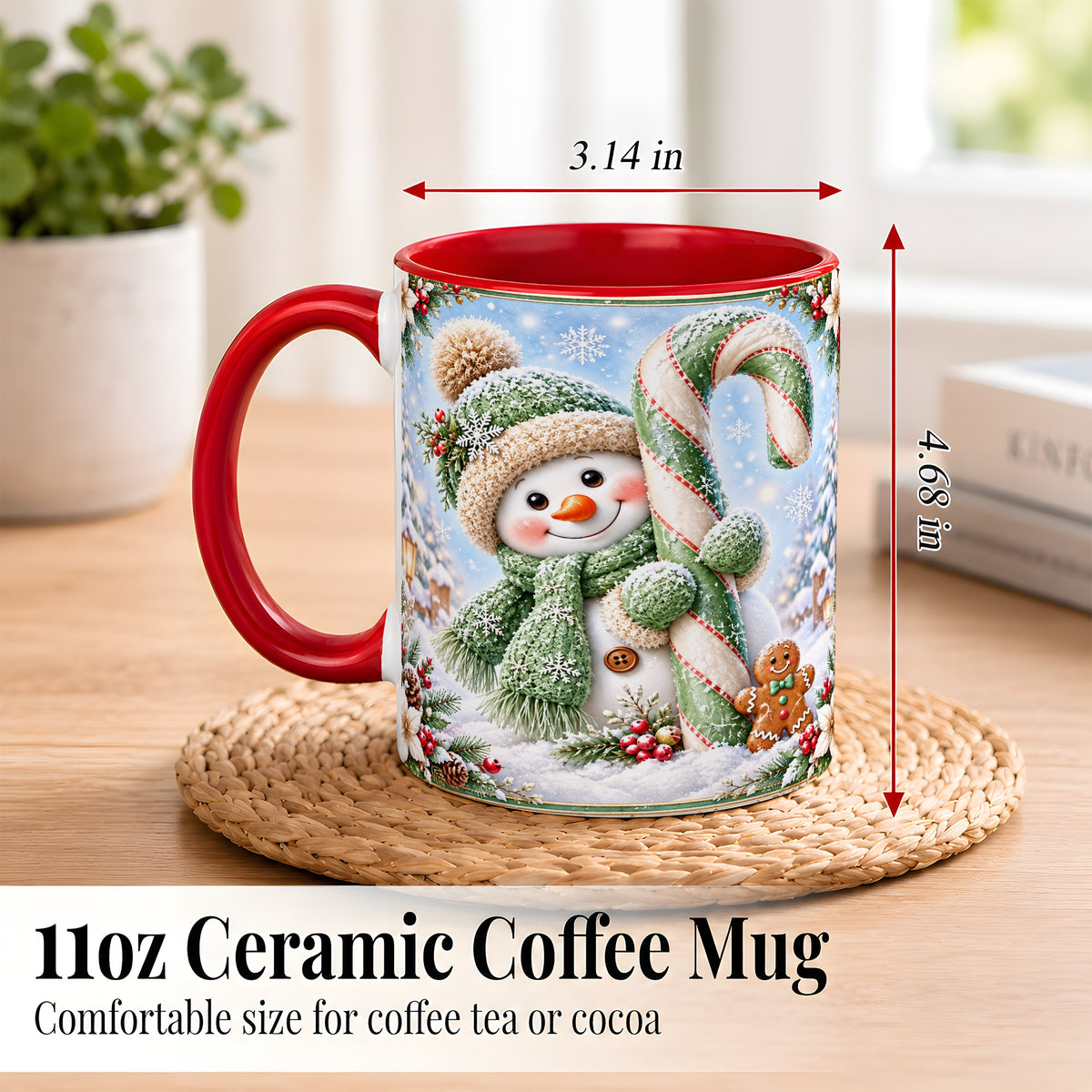 #pl[11oz|Red] Snowman Candy Cane Coffee Mug, Christmas Snowman Mug, Ceramic Cup