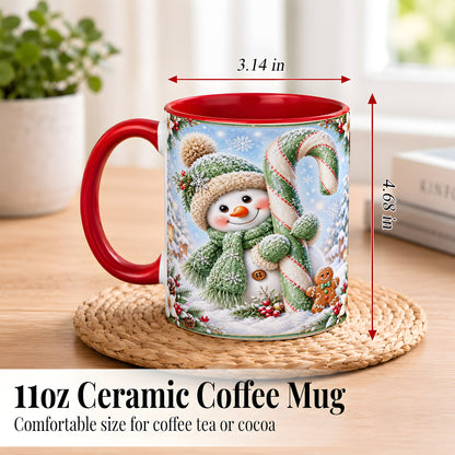 #pl[11oz|Red] Snowman Candy Cane Coffee Mug, Christmas Snowman Mug, Ceramic Cup