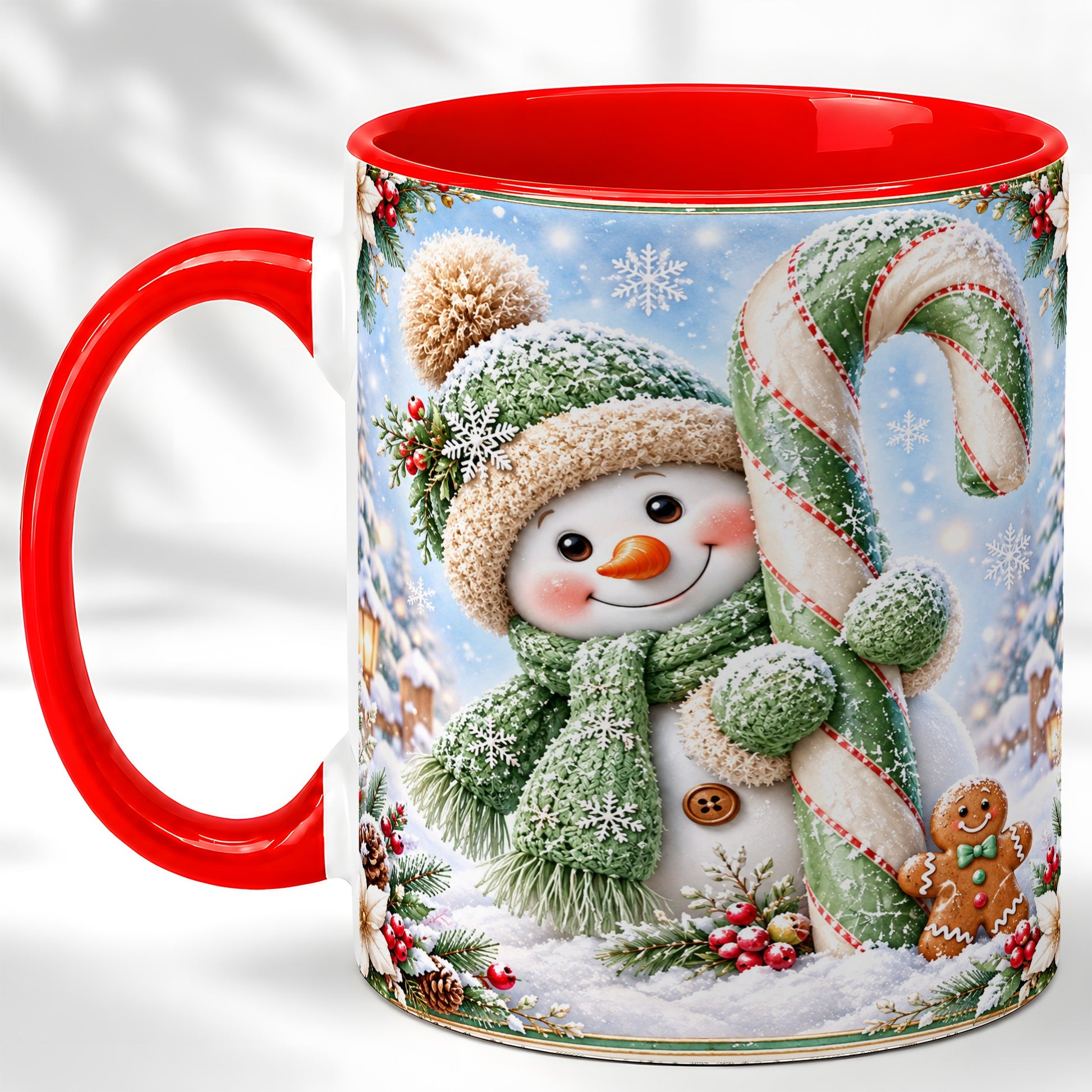 Snowman Candy Cane Coffee Mug, Christmas Snowman Mug, Ceramic Cup