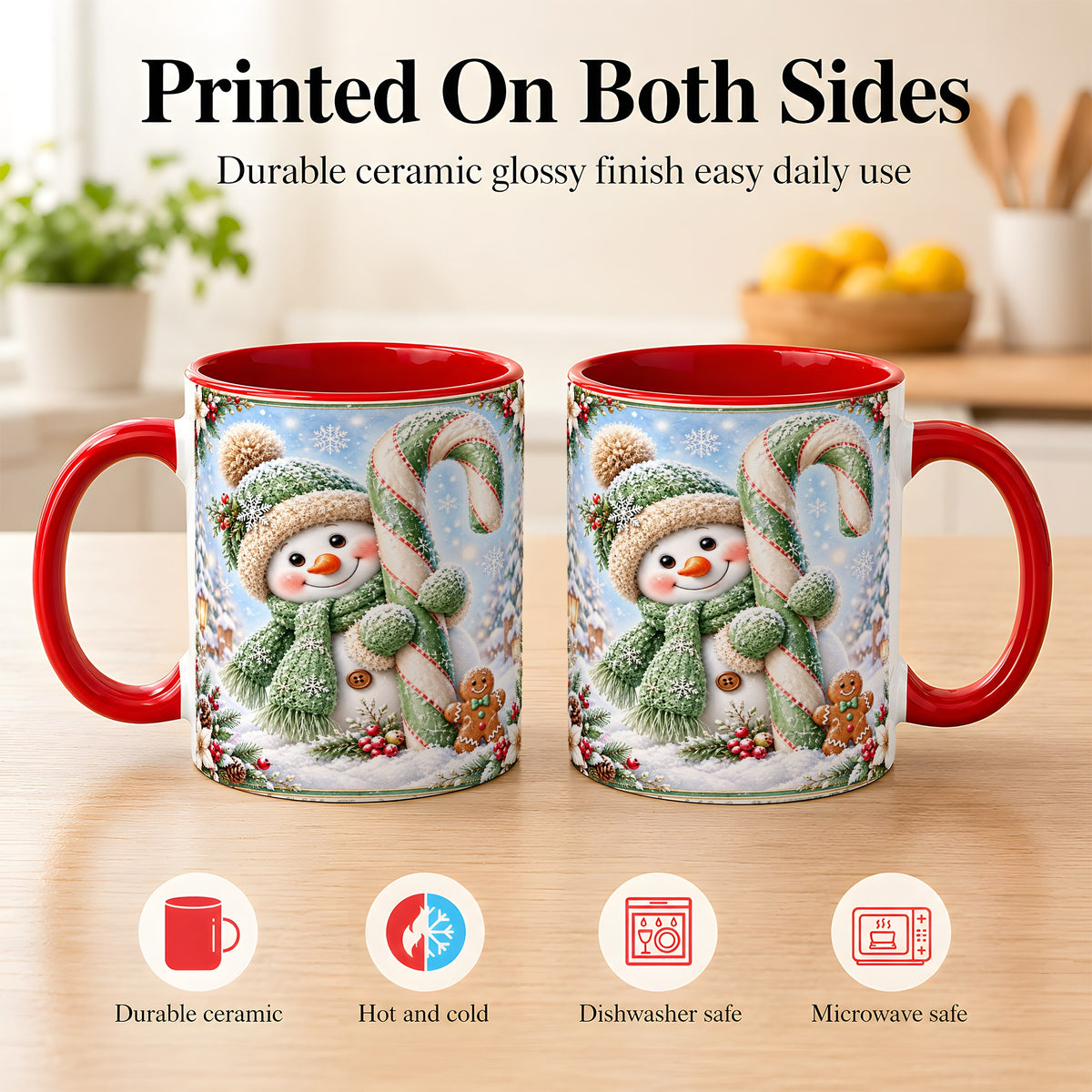#pl[11oz|Red] Snowman Candy Cane Coffee Mug, Christmas Snowman Mug, Ceramic Cup