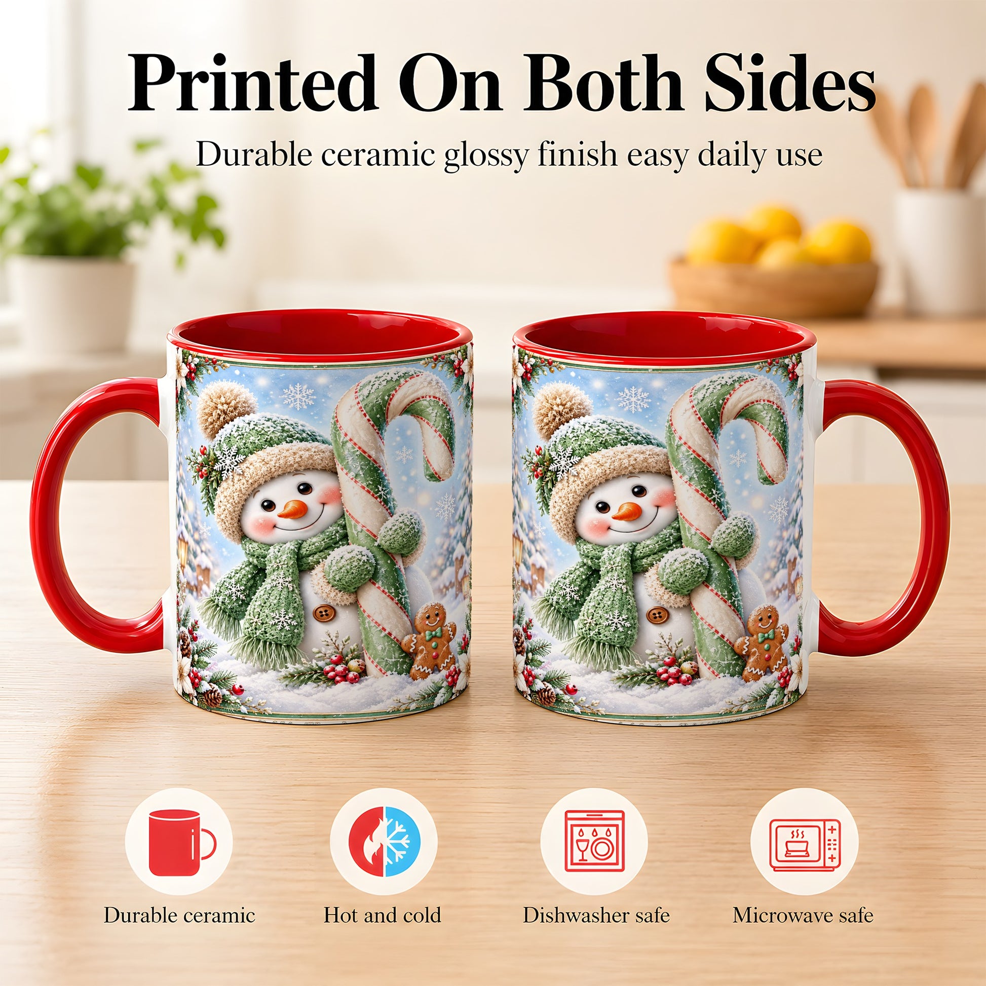 #pl[11oz|Red] Snowman Candy Cane Coffee Mug, Christmas Snowman Mug, Ceramic Cup