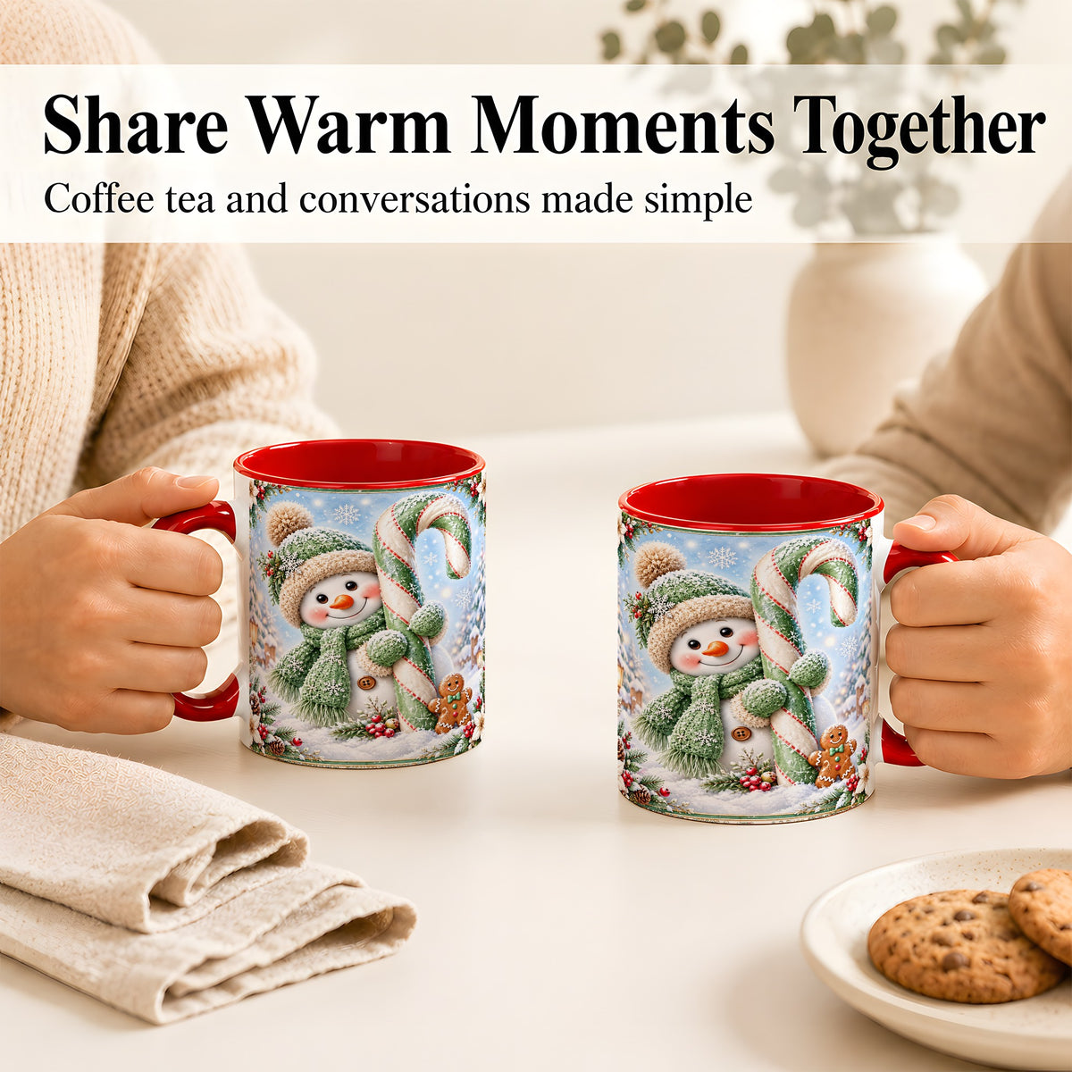#pl[11oz|Red] Snowman Candy Cane Coffee Mug, Christmas Snowman Mug, Ceramic Cup