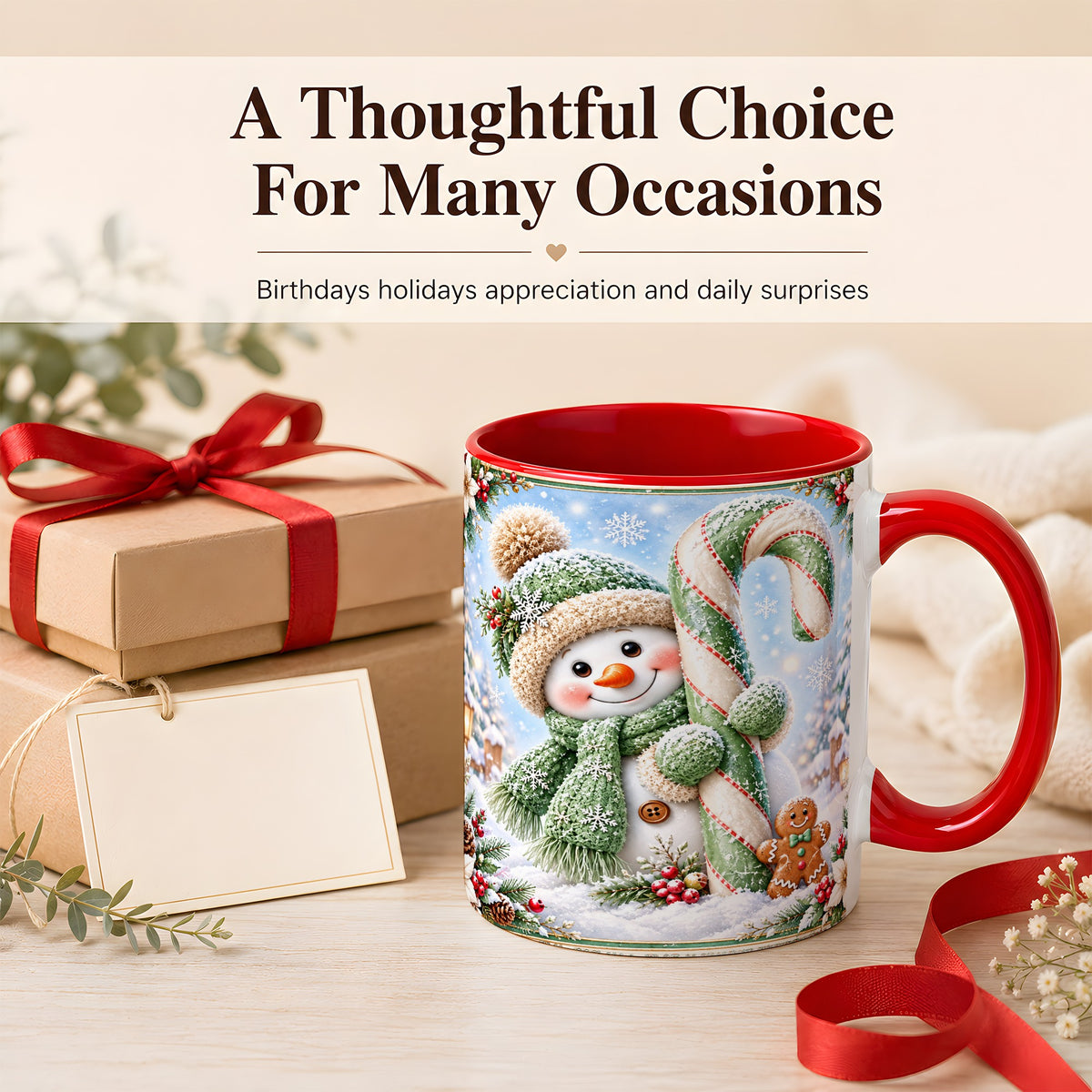 #pl[11oz|Red] Snowman Candy Cane Coffee Mug, Christmas Snowman Mug, Ceramic Cup