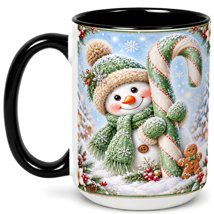 #pl[15oz|Black] Snowman Candy Cane Coffee Mug, Christmas Snowman Mug, Ceramic Cup