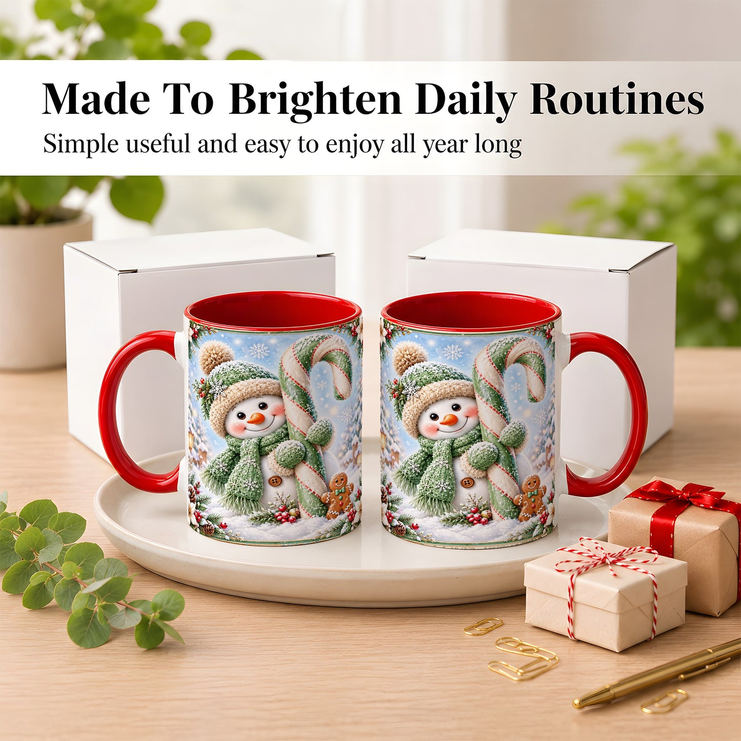 #pl[11oz|Red] Snowman Candy Cane Coffee Mug, Christmas Snowman Mug, Ceramic Cup