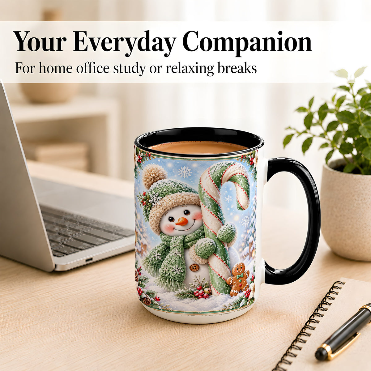 #pl[15oz|Black] Snowman Candy Cane Coffee Mug, Christmas Snowman Mug, Ceramic Cup