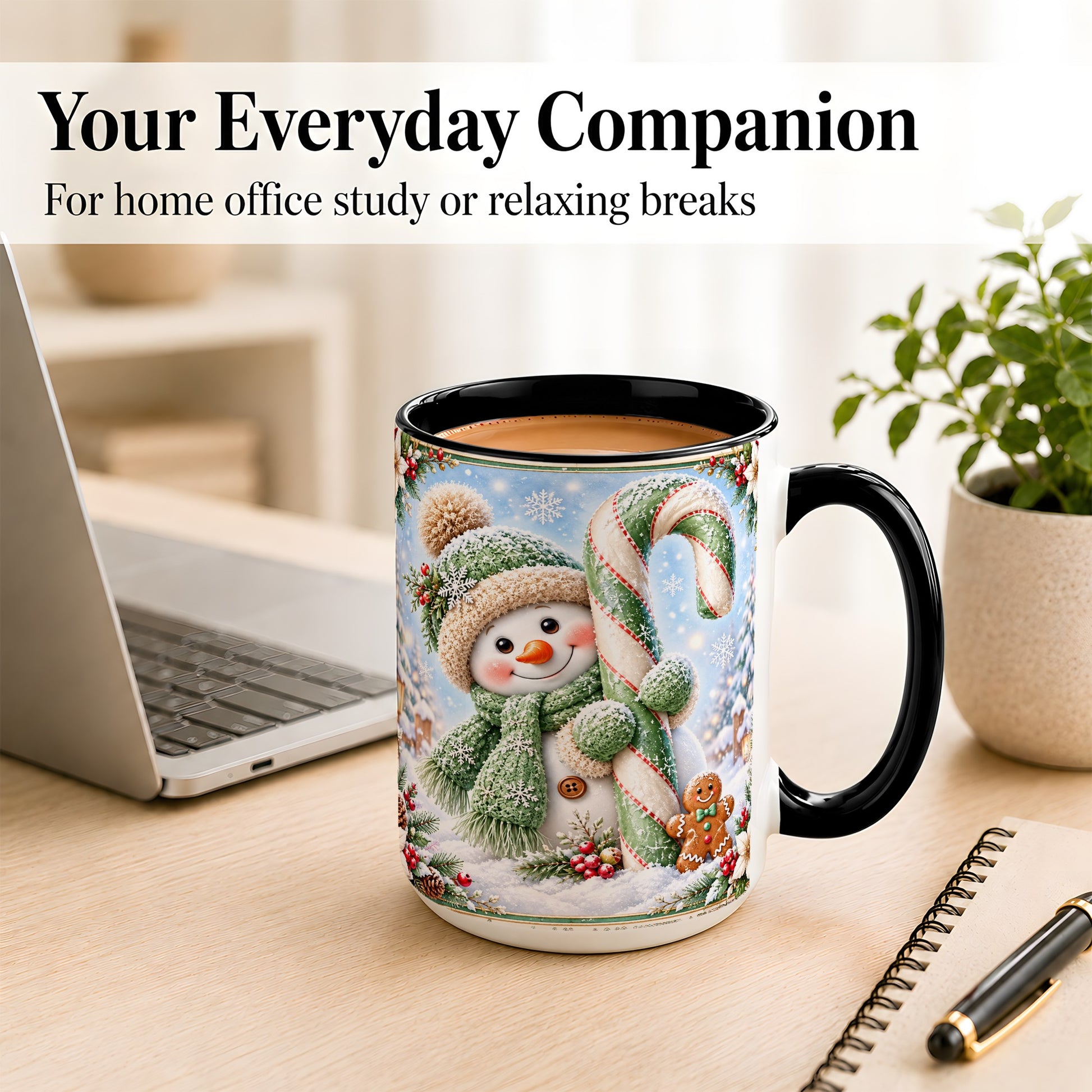 #pl[15oz|Black] Snowman Candy Cane Coffee Mug, Christmas Snowman Mug, Ceramic Cup