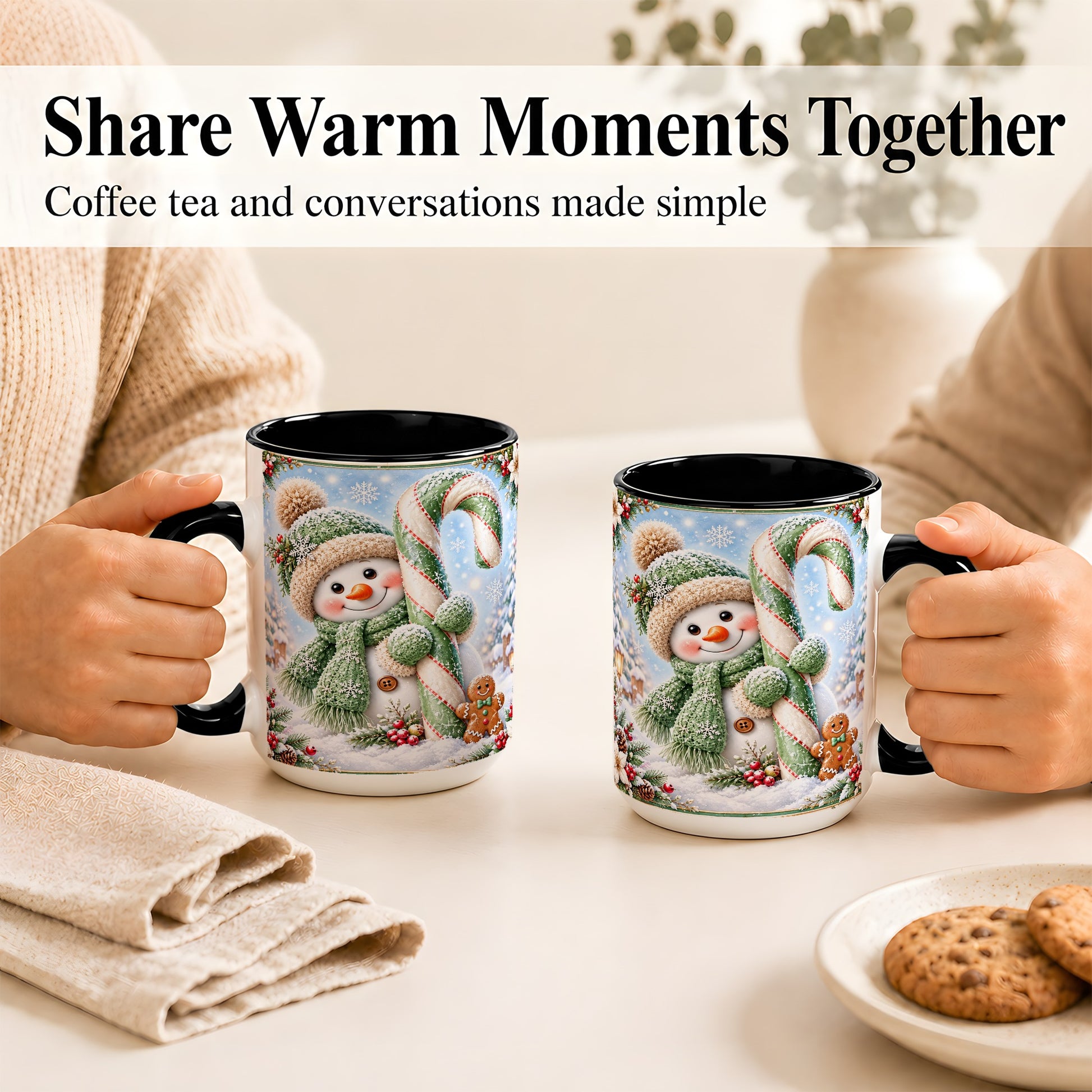 #pl[15oz|Black] Snowman Candy Cane Coffee Mug, Christmas Snowman Mug, Ceramic Cup