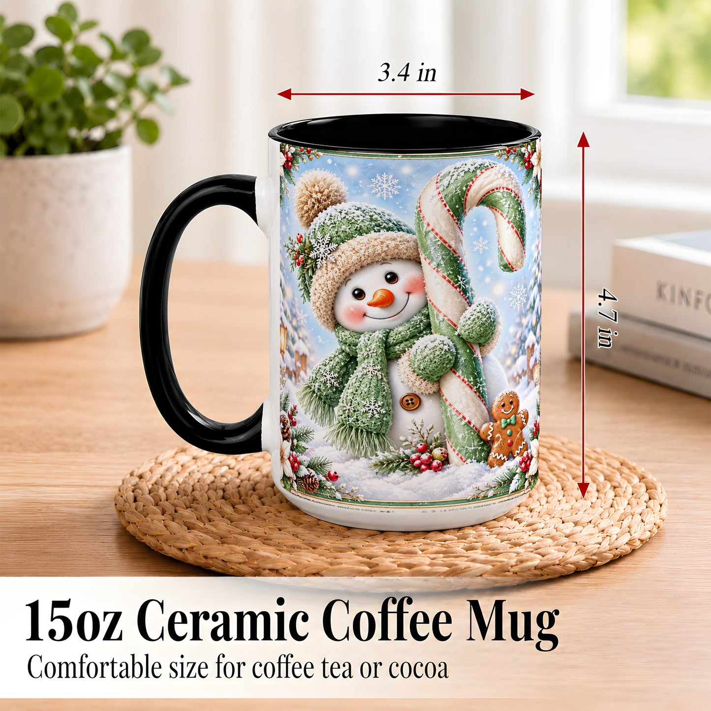 #pl[15oz|Black] Snowman Candy Cane Coffee Mug, Christmas Snowman Mug, Ceramic Cup