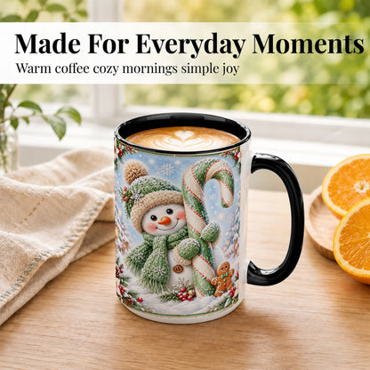 #pl[15oz|Black] Snowman Candy Cane Coffee Mug, Christmas Snowman Mug, Ceramic Cup