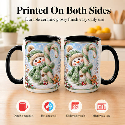#pl[15oz|Black] Snowman Candy Cane Coffee Mug, Christmas Snowman Mug, Ceramic Cup