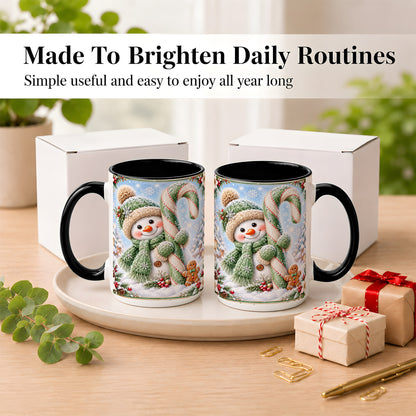 #pl[15oz|Black] Snowman Candy Cane Coffee Mug, Christmas Snowman Mug, Ceramic Cup