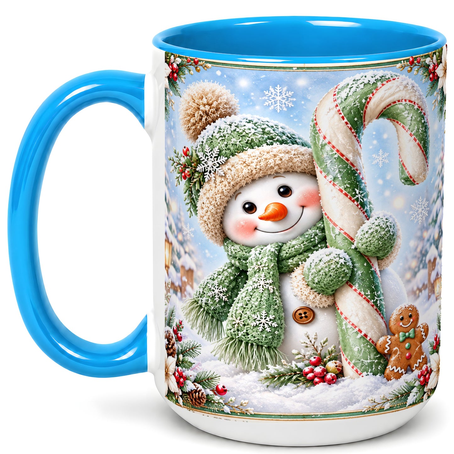 #pl[15oz|Blue] Snowman Candy Cane Coffee Mug, Christmas Snowman Mug, Ceramic Cup