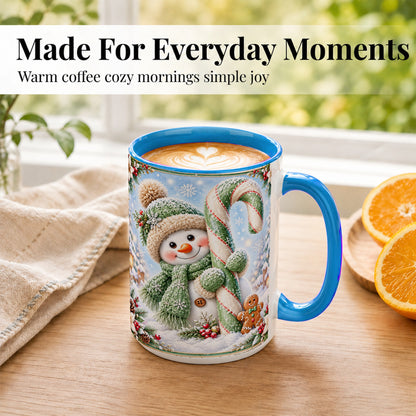 #pl[15oz|Blue] Snowman Candy Cane Coffee Mug, Christmas Snowman Mug, Ceramic Cup