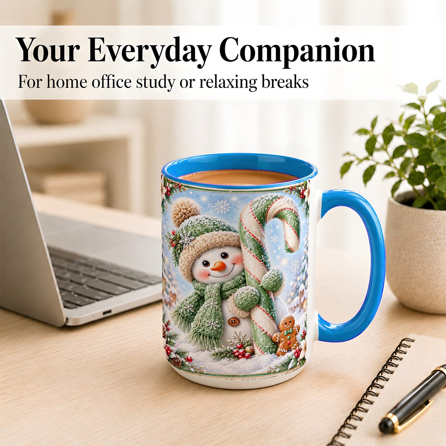 #pl[15oz|Blue] Snowman Candy Cane Coffee Mug, Christmas Snowman Mug, Ceramic Cup