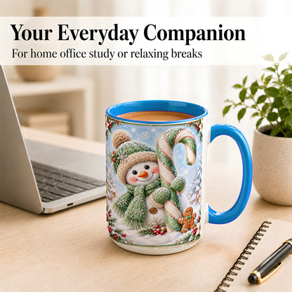 #pl[15oz|Blue] Snowman Candy Cane Coffee Mug, Christmas Snowman Mug, Ceramic Cup
