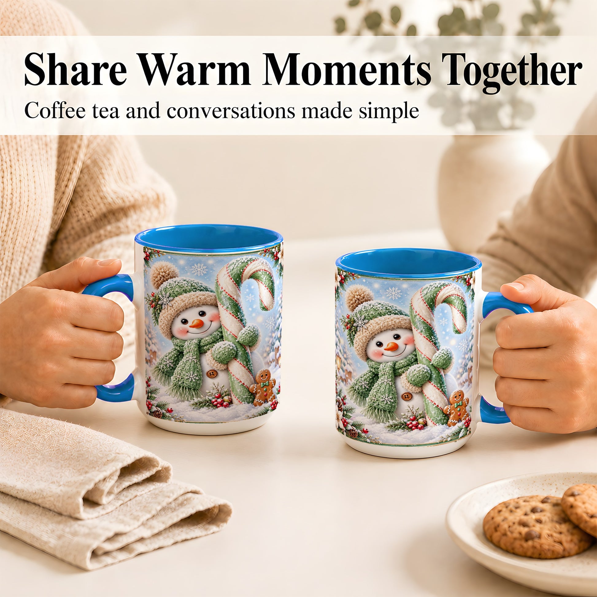 #pl[15oz|Blue] Snowman Candy Cane Coffee Mug, Christmas Snowman Mug, Ceramic Cup
