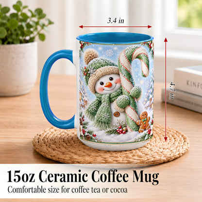 #pl[15oz|Blue] Snowman Candy Cane Coffee Mug, Christmas Snowman Mug, Ceramic Cup