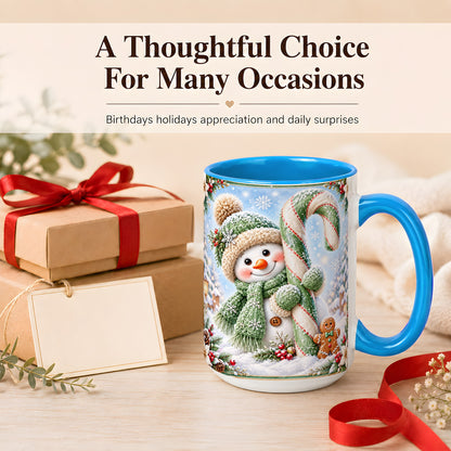 #pl[15oz|Blue] Snowman Candy Cane Coffee Mug, Christmas Snowman Mug, Ceramic Cup