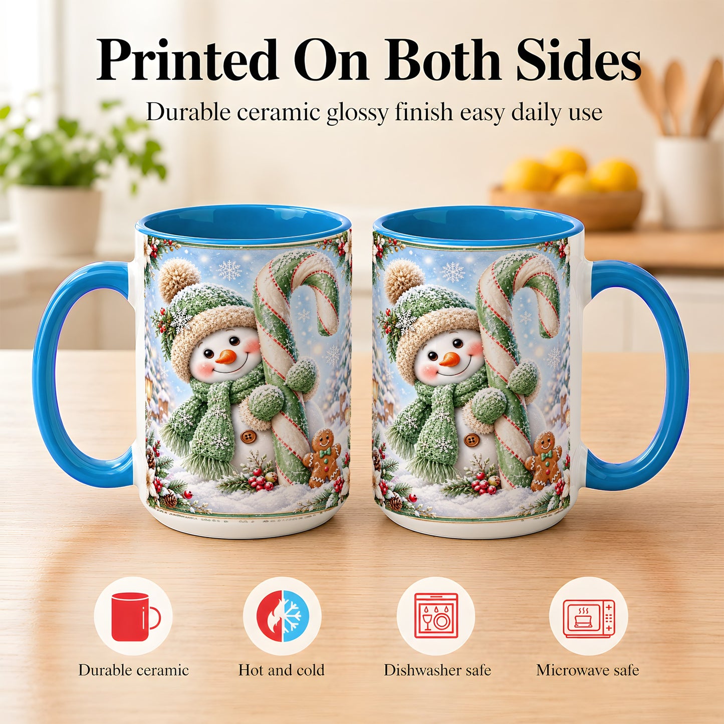 #pl[15oz|Blue] Snowman Candy Cane Coffee Mug, Christmas Snowman Mug, Ceramic Cup