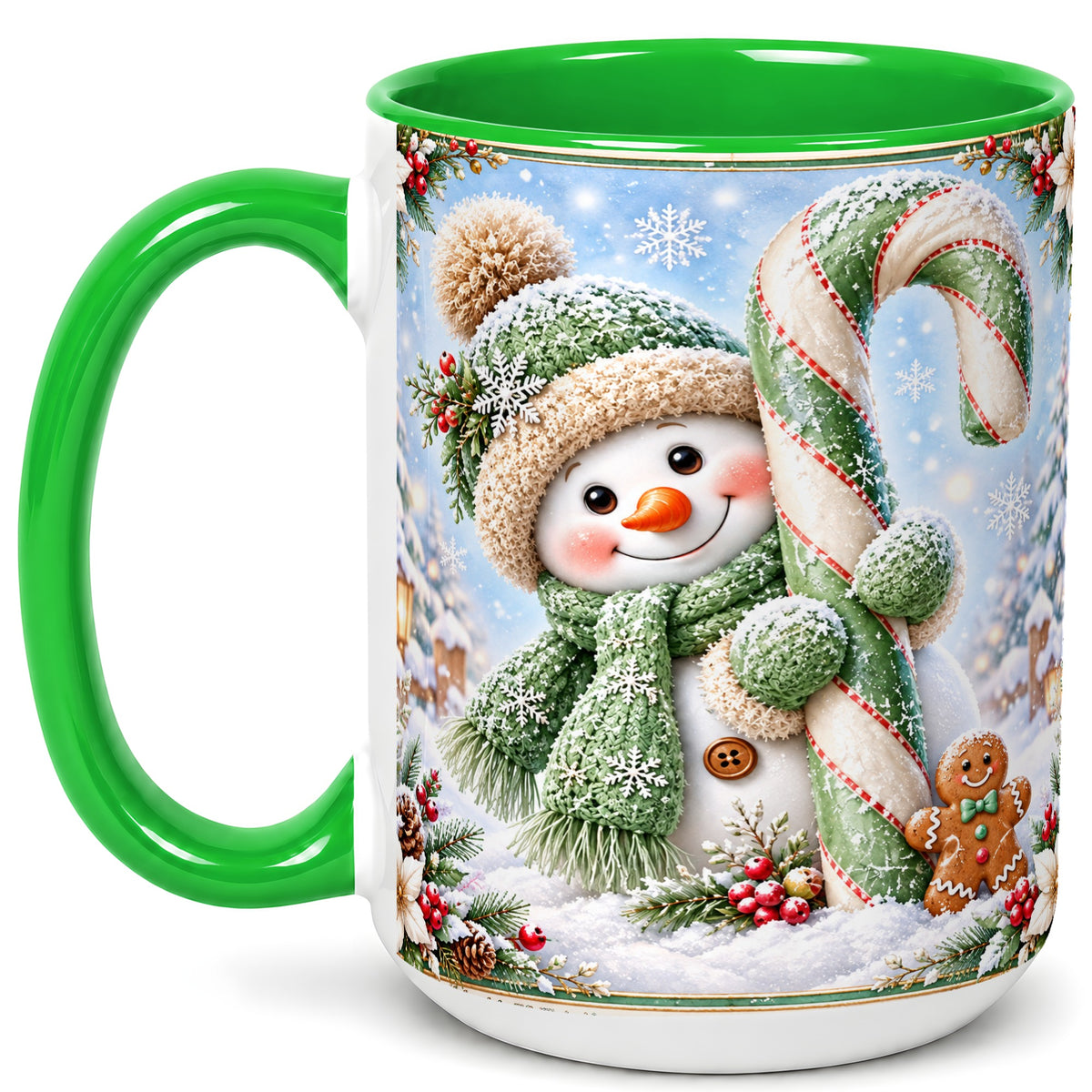 #pl[15oz|Green] Snowman Candy Cane Coffee Mug, Christmas Snowman Mug, Ceramic Cup