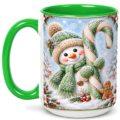 #pl[15oz|Green] Snowman Candy Cane Coffee Mug, Christmas Snowman Mug, Ceramic Cup