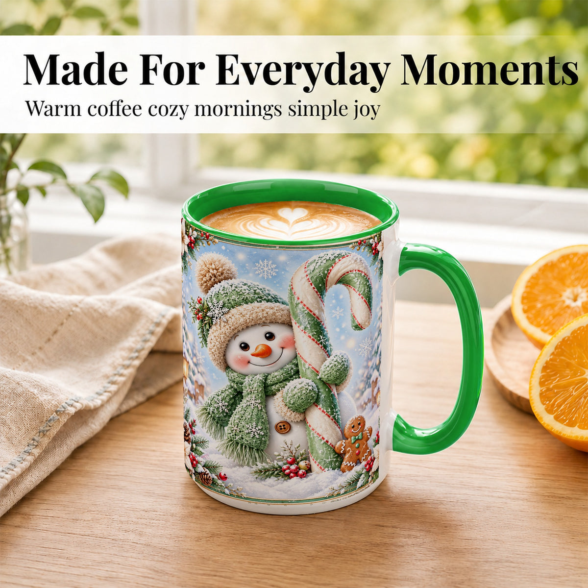 #pl[15oz|Green] Snowman Candy Cane Coffee Mug, Christmas Snowman Mug, Ceramic Cup