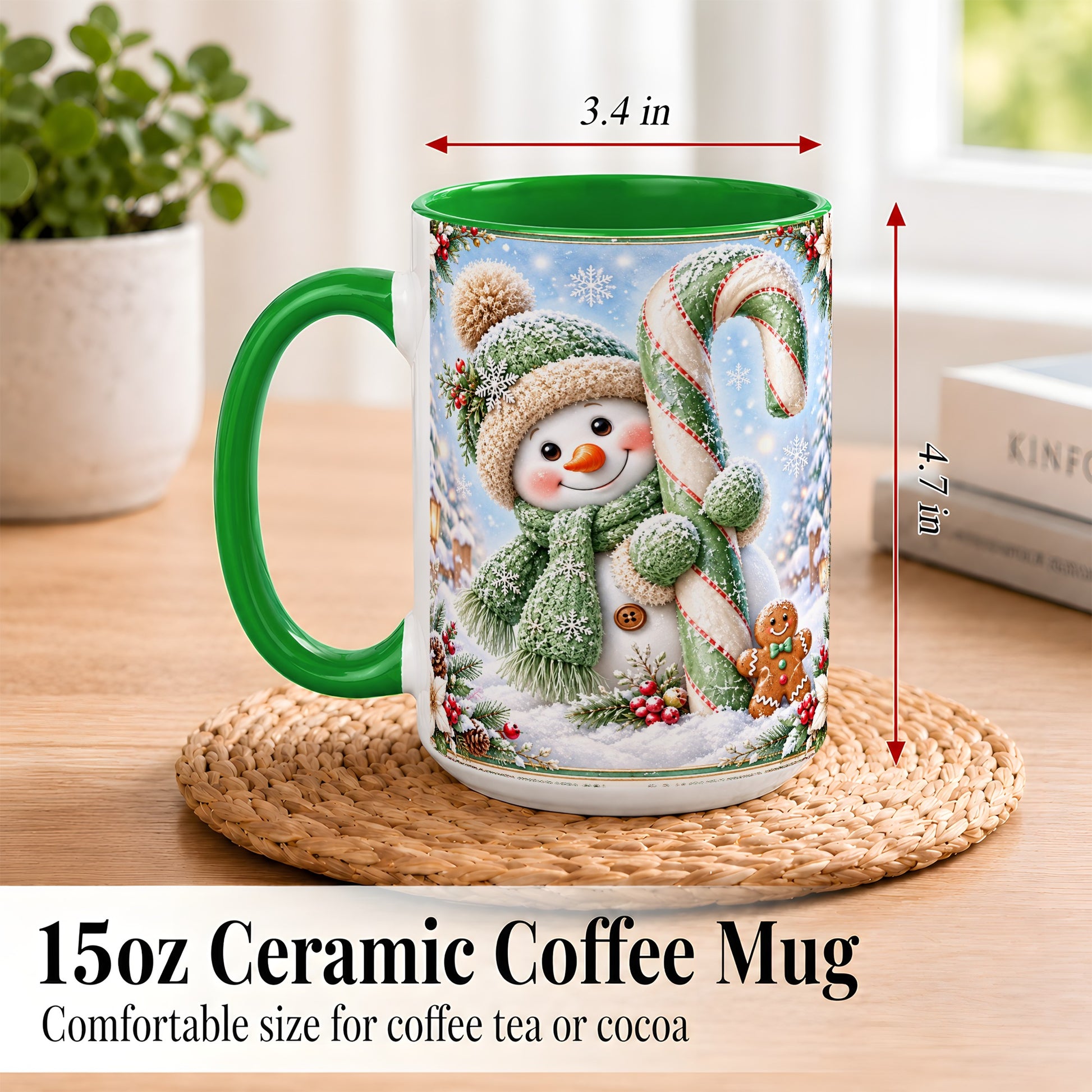#pl[15oz|Green] Snowman Candy Cane Coffee Mug, Christmas Snowman Mug, Ceramic Cup