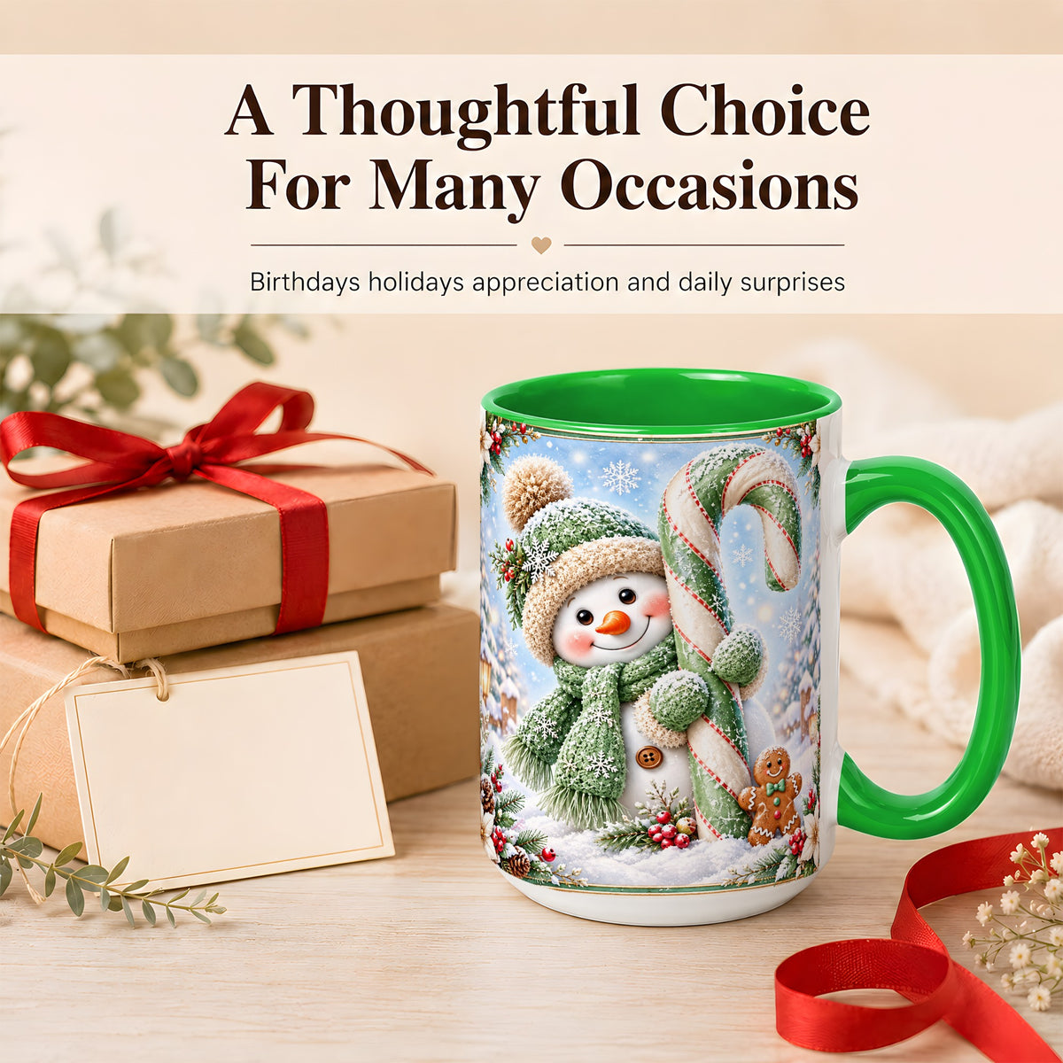 #pl[15oz|Green] Snowman Candy Cane Coffee Mug, Christmas Snowman Mug, Ceramic Cup