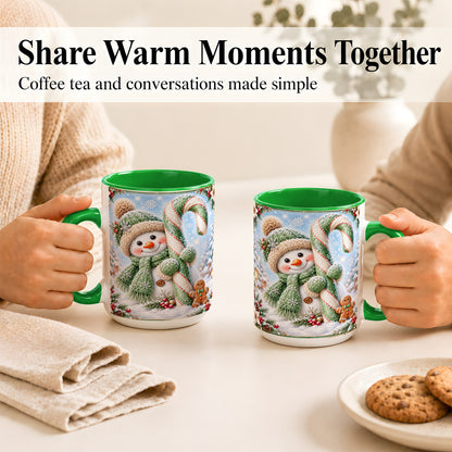#pl[15oz|Green] Snowman Candy Cane Coffee Mug, Christmas Snowman Mug, Ceramic Cup