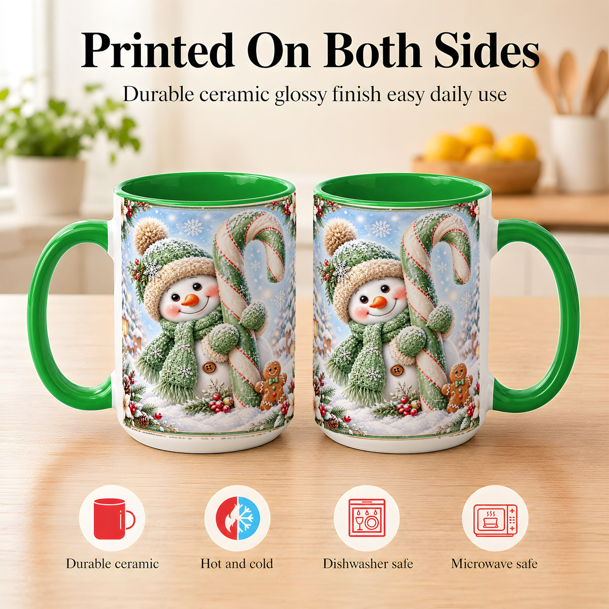 #pl[15oz|Green] Snowman Candy Cane Coffee Mug, Christmas Snowman Mug, Ceramic Cup