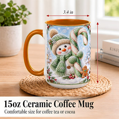 #pl[15oz|Orange] Snowman Candy Cane Coffee Mug, Christmas Snowman Mug, Ceramic Cup