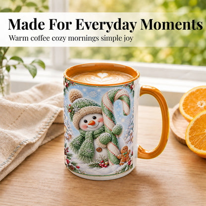 #pl[15oz|Orange] Snowman Candy Cane Coffee Mug, Christmas Snowman Mug, Ceramic Cup
