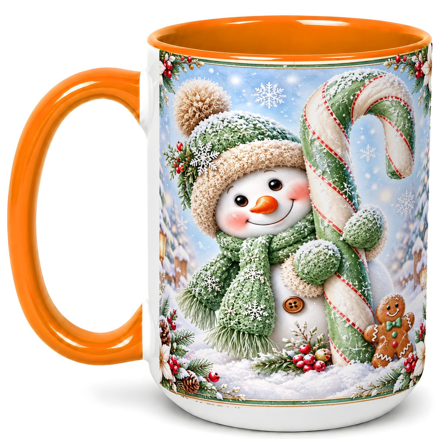 #pl[15oz|Orange] Snowman Candy Cane Coffee Mug, Christmas Snowman Mug, Ceramic Cup